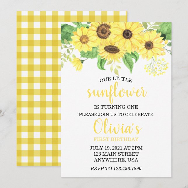 Convite Sunflower Summer First Birday (Frente/Verso)