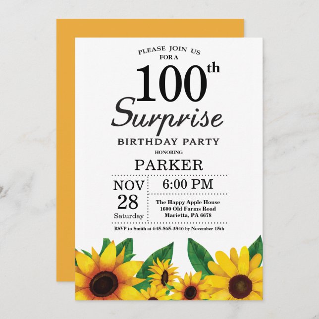 Convite Sunflower Surprise 100th Aniversário (Frente/Verso)