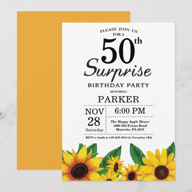 Convite Sunflower Surprise 50th Birthday Invitation (Frente/Verso)