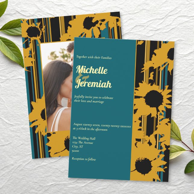 Convite Sunflower Teal Blue Gold Modern Wedding (Criador carregado)