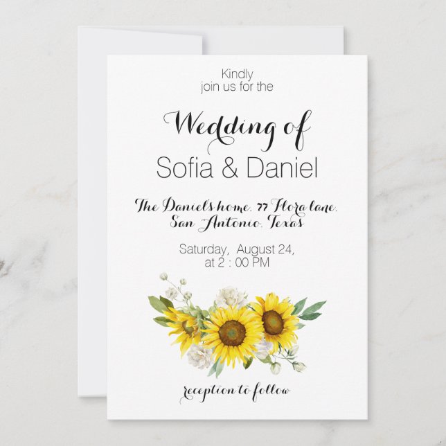 Convite Sunflower watercolor white rose wedding Invitation (Frente)