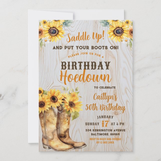Convite Sunflower Western Hoedown Russo Birthday Cowgirl (Frente)