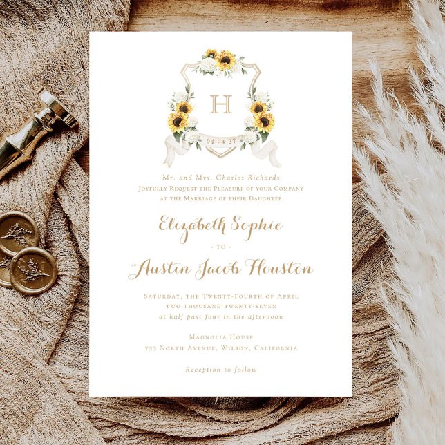 Convite Sunflower White Hydrangea Greenery Crest Casamento (Criador carregado)