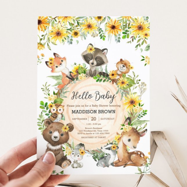 Convite Sunflower Woodland Animals Baby Shower (Sunflower Woodland Animals Floral Baby Shower Invitation)