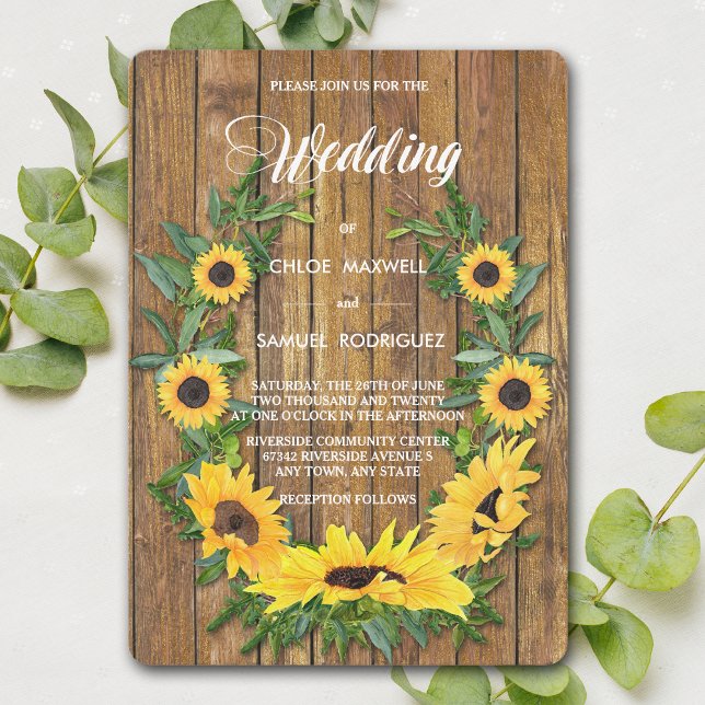 Convite Sunflower Wreath Wood Invitation (Criador carregado)