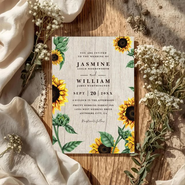 Convite Sunflowers And Wood Rustic Country QR Code Wedding (Criador carregado)