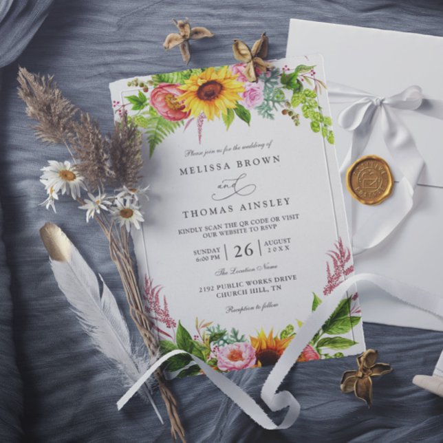 Convite Sunflowers Floral Pink Rustic Chic QR Code Wedding (Criador carregado)