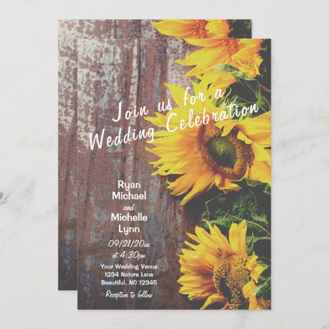 Convite Sunflowers on Barn Wood Rustic Country Wedding (Frente/Verso)