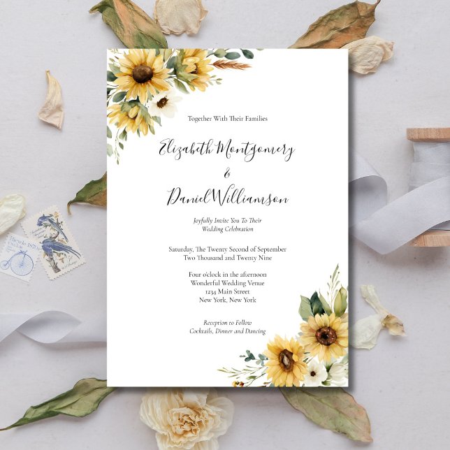 Convite Sunflowers Rustic Farmhouse Elegant Formal Wedding (Sunflower Watercolor Florals Rustic Farmhouse Country Wedding invitation, Printed or Digital)