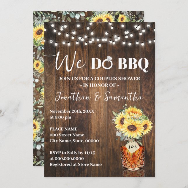 Convite Sunflowers We do BBQ Couple Shower Country Wedding (Frente/Verso)