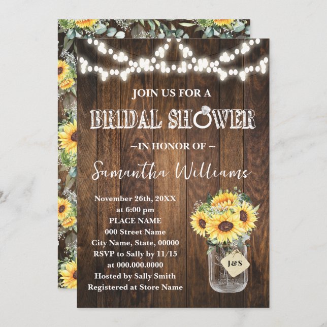 Convite Sunflowers Western Bridal Shower Wedding Shower (Frente/Verso)