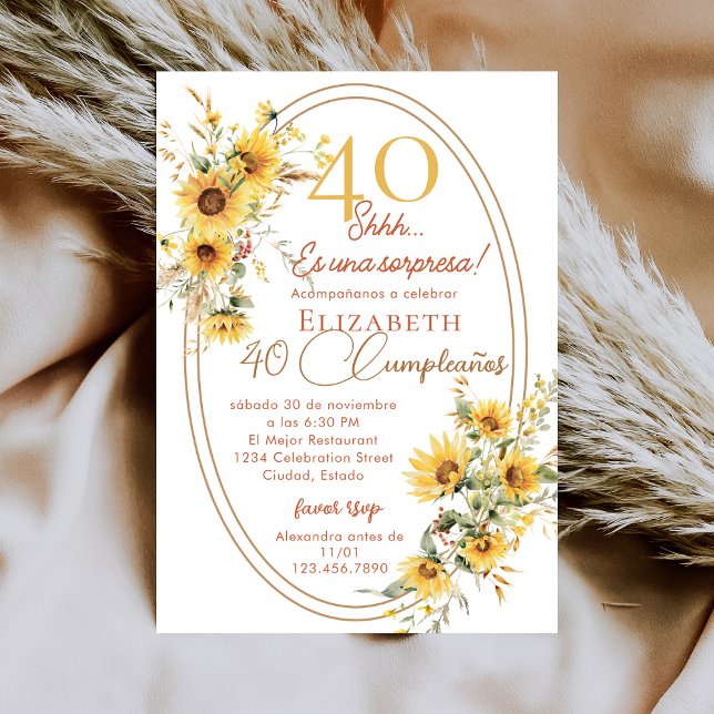 Convite Sunflowers Women Spanish Surprise 40th Birthday (Criador carregado)