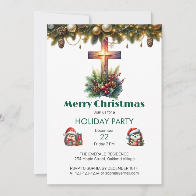 Convite Sunlit Cross com Holly, Natal (Frente)