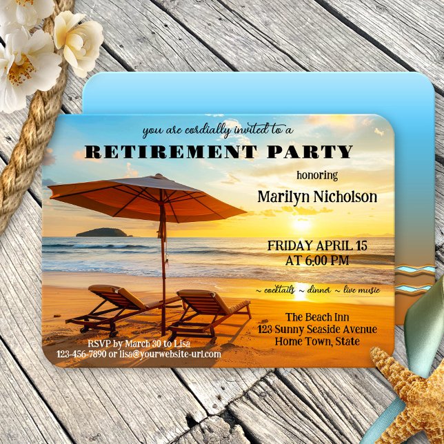 Convite Sunny Beach Retirement Party (A relaxing retirement party invitation featuring lounge chairs on the beach at sunset)