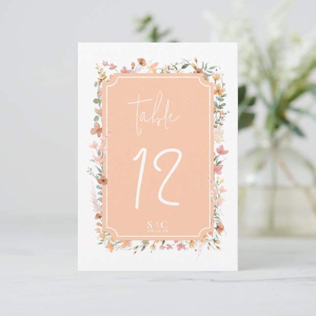 Convite Sunny Wildflower Table Number Peach ID1023 (Em pé/Frente)