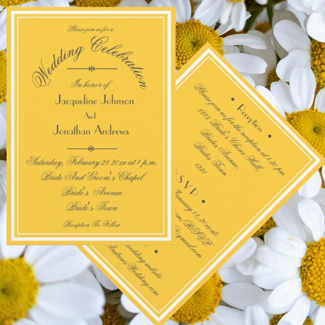 Convite Sunny Yellow All In One RSVP Email Website Casamen (Sunny yellow All-In-One wedding invitations with chic elegant script, RSVP, email, website etc.)