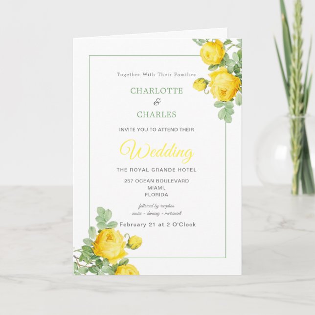 Convite Sunny Yellow Roses Floral Elegant Wedding (Frente)