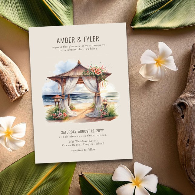 Convite Sunset Beach Floral Pagoda Summer Wedds (Beach Wedding Invitation from the Sunset Beach wedding collection by Darling & May)