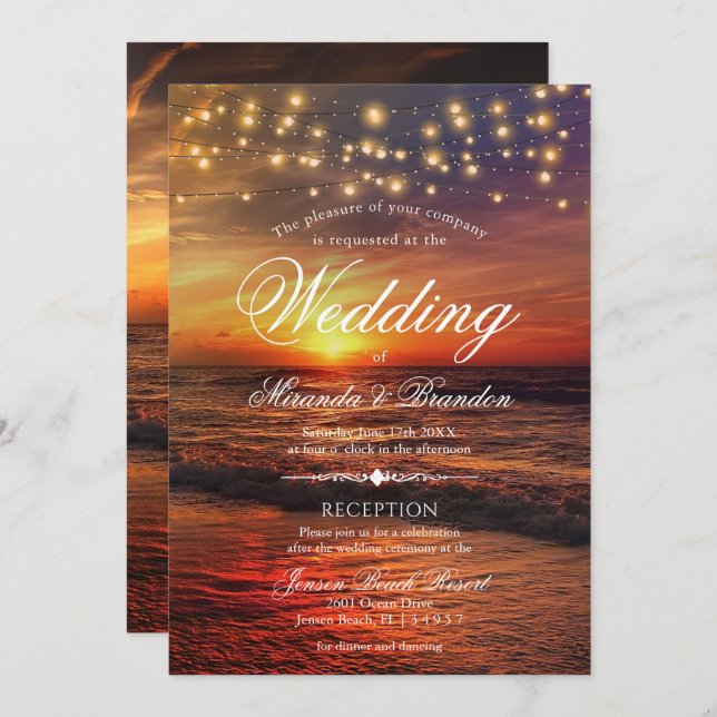 Convite Sunset Beach Lights Summer Wedand Reception (Frente/Verso)