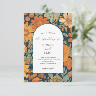Convite Sunset Blooms: Casamento Floral Laranja da Vintage