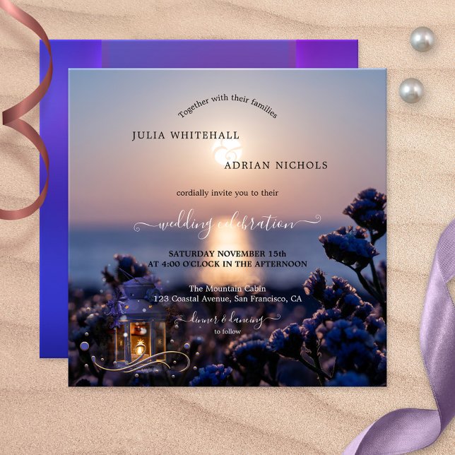 Convite Sunset Coastal Winter Wedding Invitation (Wedding invitation featuring a sunset at the ocean with a lantern with sparkling lights)