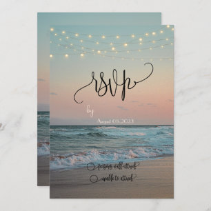 Convite Sunset de Praia,RSVP de Script de Luzes de String