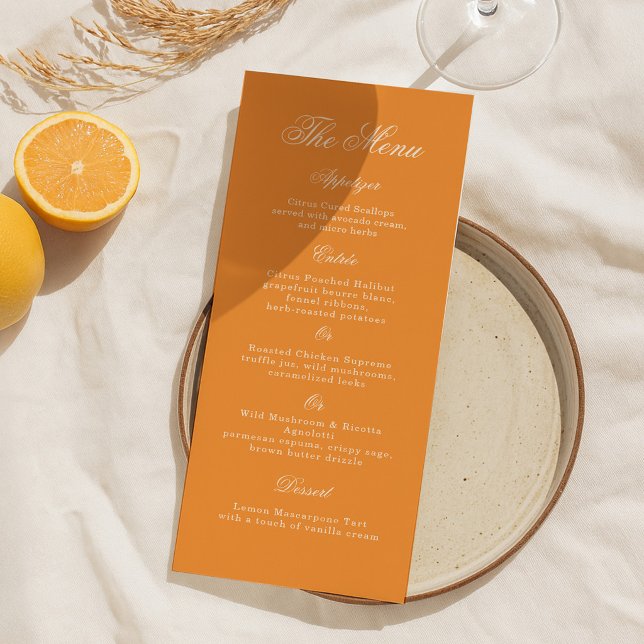 Convite Sunset Glow Orange Script Wedding Menu Card (Criador carregado)
