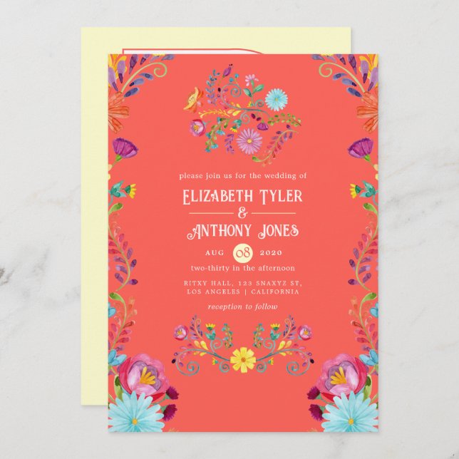 Convite Sunset Orange/Cream Floral Mexican Fiesta Wedding (Frente/Verso)