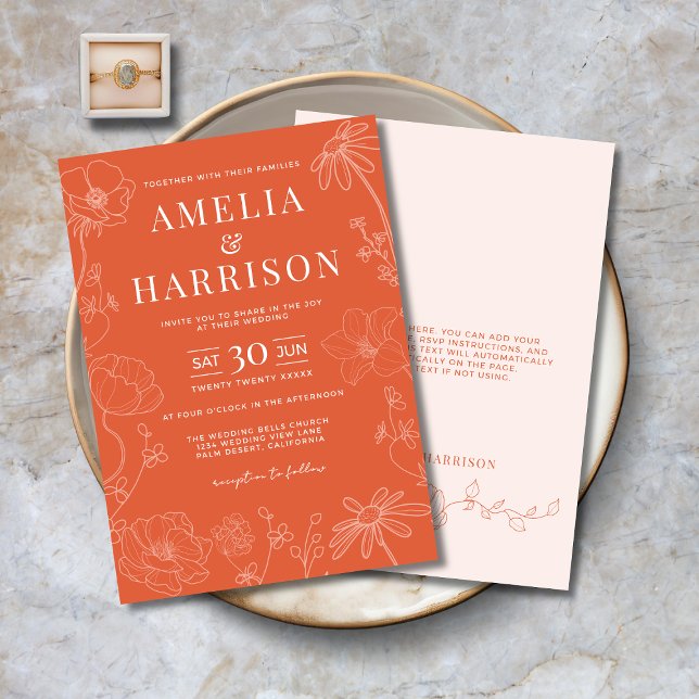 Convite Sunset Orange Elegant Wedding (Sunset Orange Elegant Wedding Invitation with Delicate Flowers, Modern Typography, Spring, Summer.)