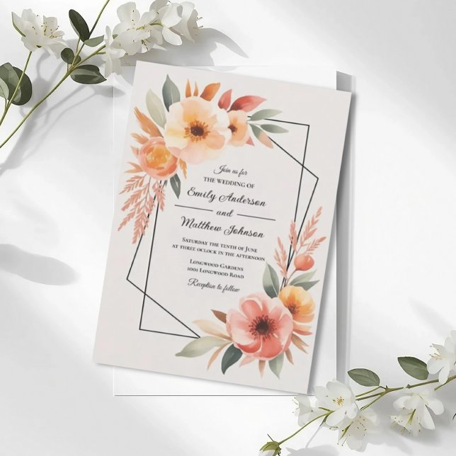 Convite Sunset Orange Floral Frame Wedding Invitation (Criador carregado)