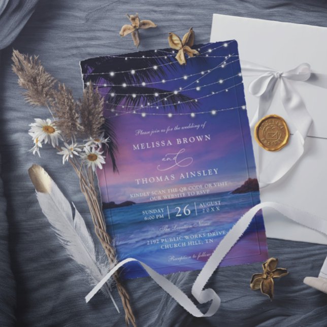 Convite Sunset String Light Tropical Beach QR Code Wedding (Criador carregado)