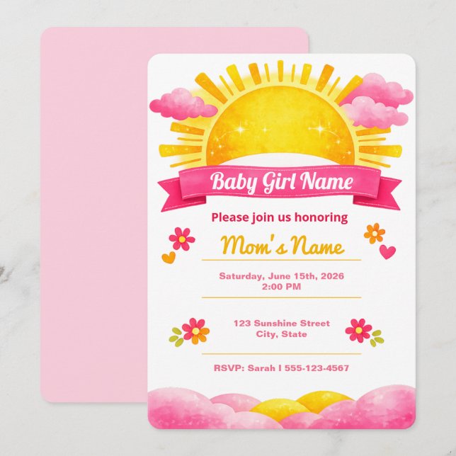 Convite Sunshine Baby Girl Watercolor Shower (Frente/Verso)