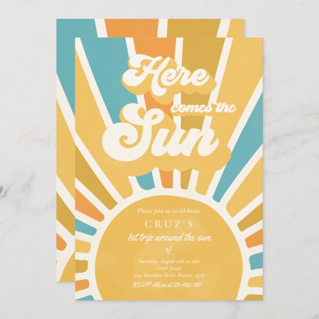 Convite Sunshine Birthday Boho 1 rua Percorrendo O Sol (Frente/Verso)