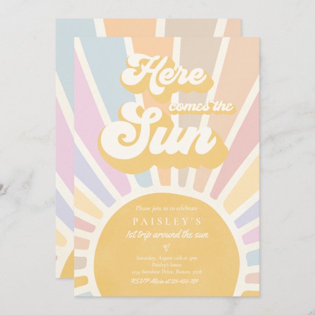 Convite Sunshine Birthday Boho 1 rua Percorrendo O Sol (Frente/Verso)