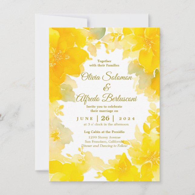 Convite Sunshine & Blooms: Amarelo Watercolor Floral (Frente)