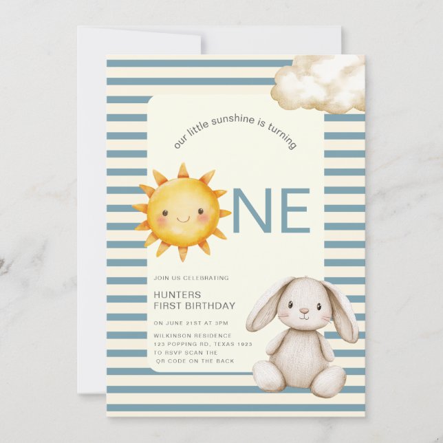 Convite Sunshine Cute Bunny First Birthday OR code (Frente)