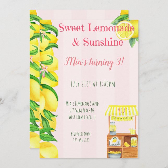 Convite Sunshine e Sweet Lemonade Stand Girls Aniversário (Frente/Verso)