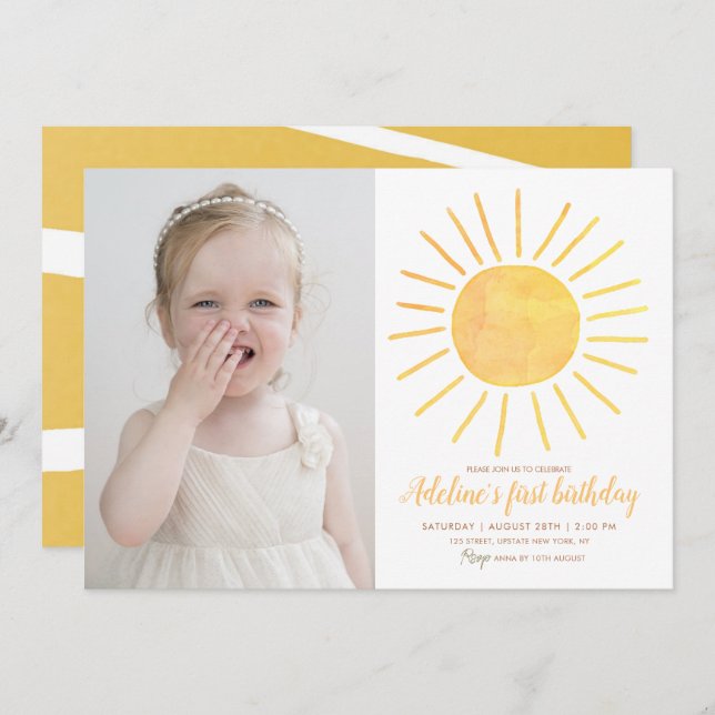 Convite Sunshine Modern Watercolor Foto de Aniversário (Frente/Verso)