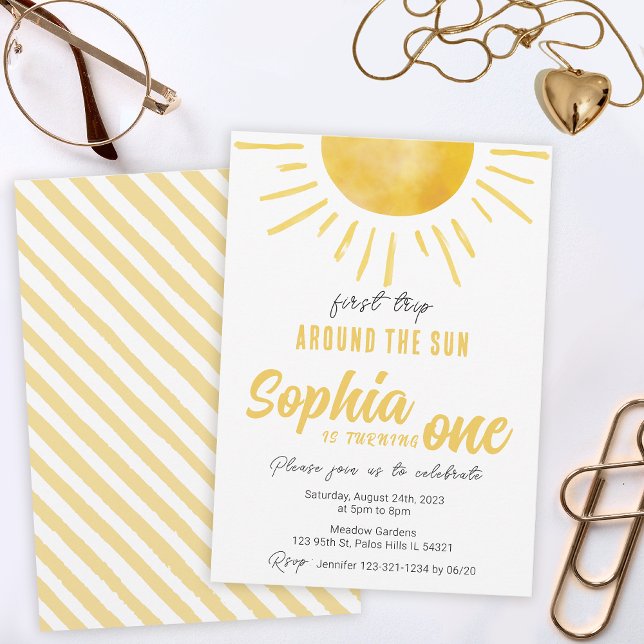 Convite Sunshine primeiro aniversario Primeira viagem ao r (Criador carregado)