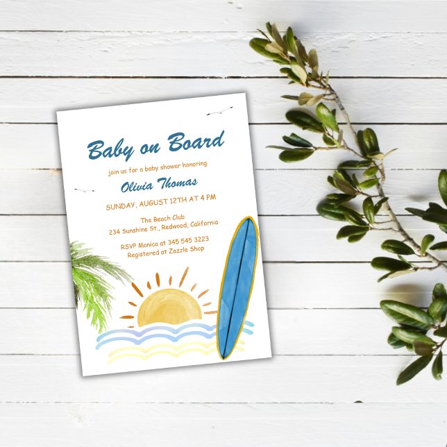 Convite Sunshine Tropical Surf Baby On Conselho Chá de fra (Sunshine Tropical Surf Baby On Board Baby Shower Invitation)