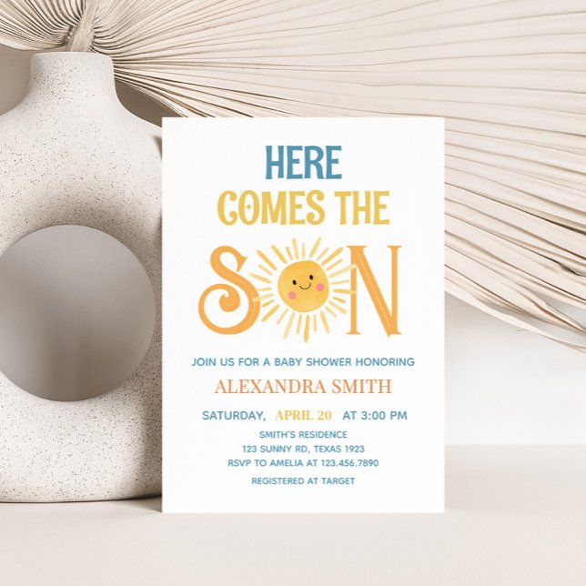 Convite Sunshine Vem o Chá de fraldas do Filho (Here Comes the Son Sunshine Baby Shower Invitation)
