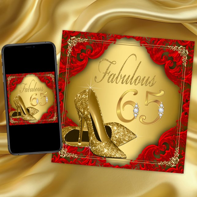 Convite Suntuoso Vermelho Dourado Salto Alto Fabuloso 65º  (Womans 65th birthday party invitation with gold high heel shoe on an elegant red and gold background)
