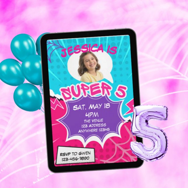 Convite Super 5 Pink Purple Web Comic 5th Birthday  (Criador carregado)