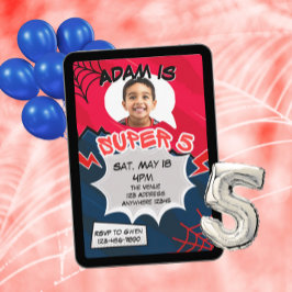 Convite Super 5 Red Black Web Comic 5th Birthday 