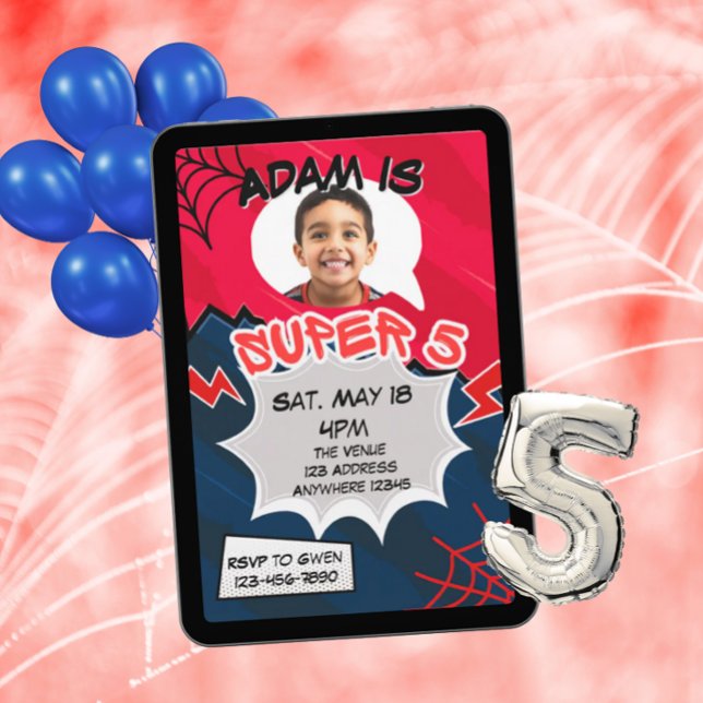 Convite Super 5 Red Black Web Comic 5th Birthday  (Criador carregado)