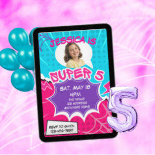 Convite Super 5 Rosa Roxo Web Comic Aniversário de 5 anos
