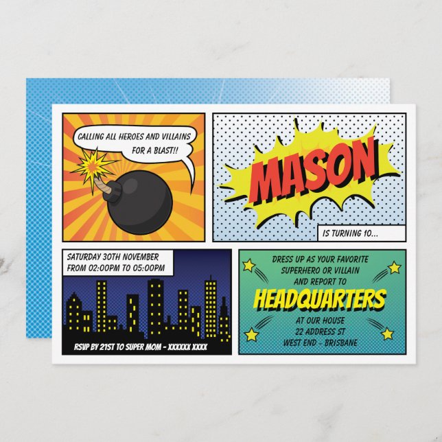 Convite Super Heroes e Festa de aniversário de Villains Ki (Frente/Verso)