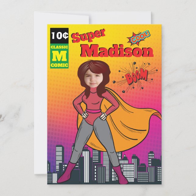 Convite Super-Herói Birthday Girl Comic ⚡ Divertido Fab EU (Frente)
