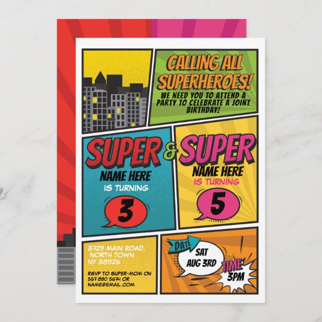 Convite Super-Herói Convidando Meninas de Partidos Comuns  (Frente/Verso)
