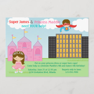Convite Super Herói e Princesa Gêmeas Festa de aniversá